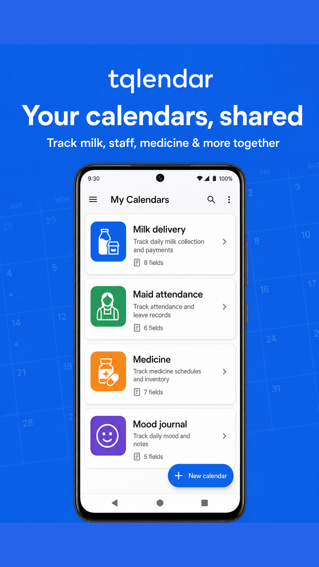 Qlendar My Tracker screen with shared calendars