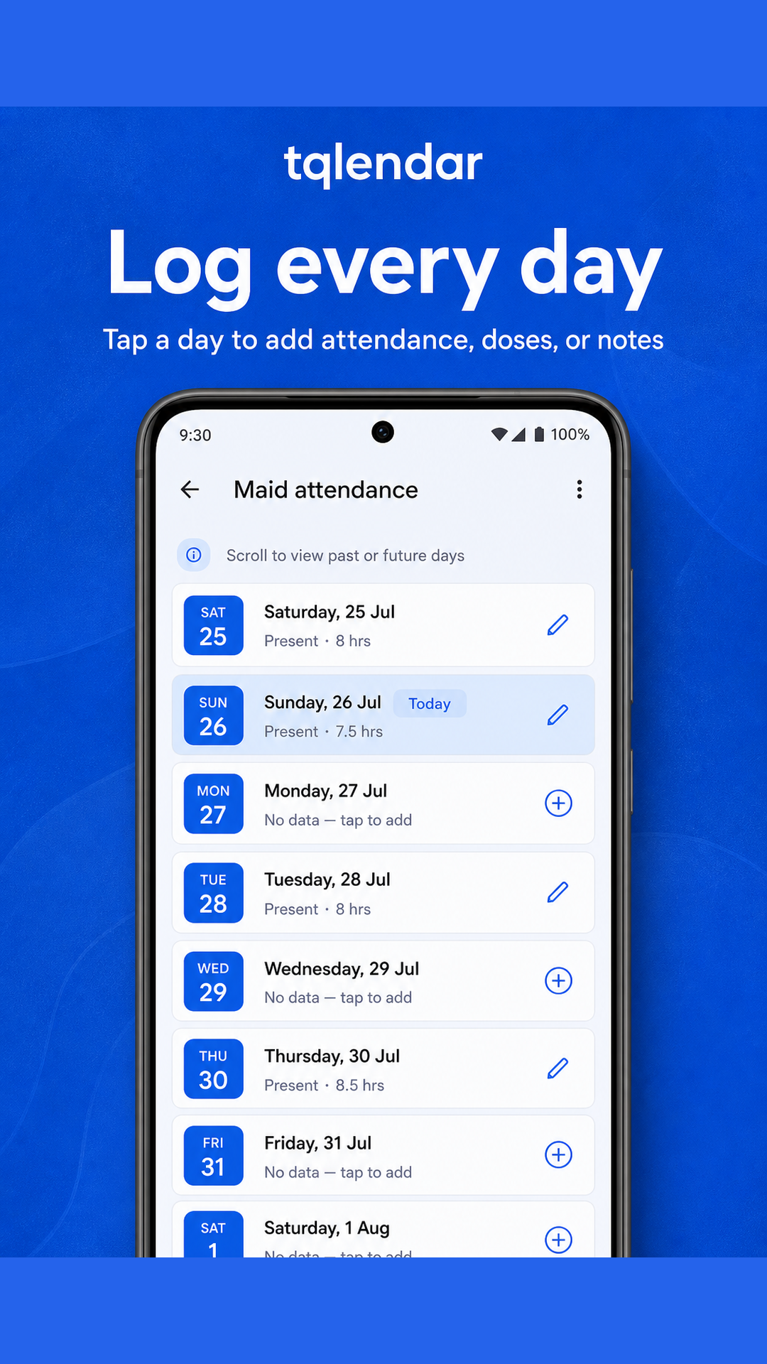 Qlendar daily entry screen